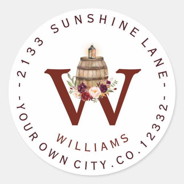 Fall Wine Barrel Monogram Circular Address Label (Front)
