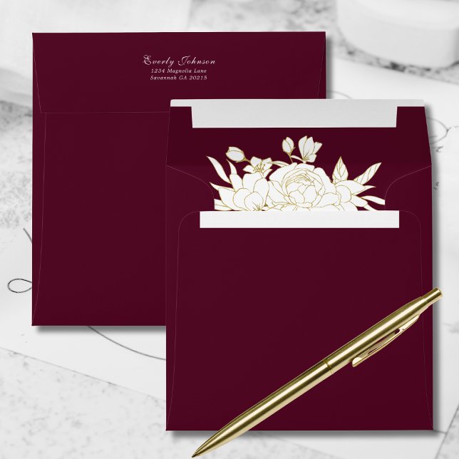 Fall Winter Burgundy Gold White Roses Address Envelope (Creator Uploaded)