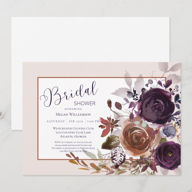 Fall Winter Gold and Plum Purple Bridal Shower Invitation (Front/Back)