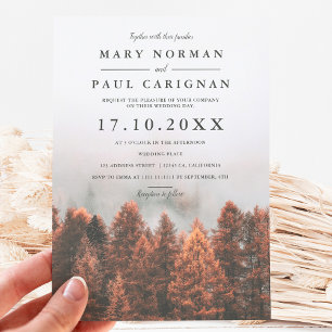 Fall winter pine trees forest photo chic wedding invitation