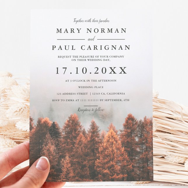 Fall winter pine trees forest photo chic wedding invitation (Creator Uploaded)