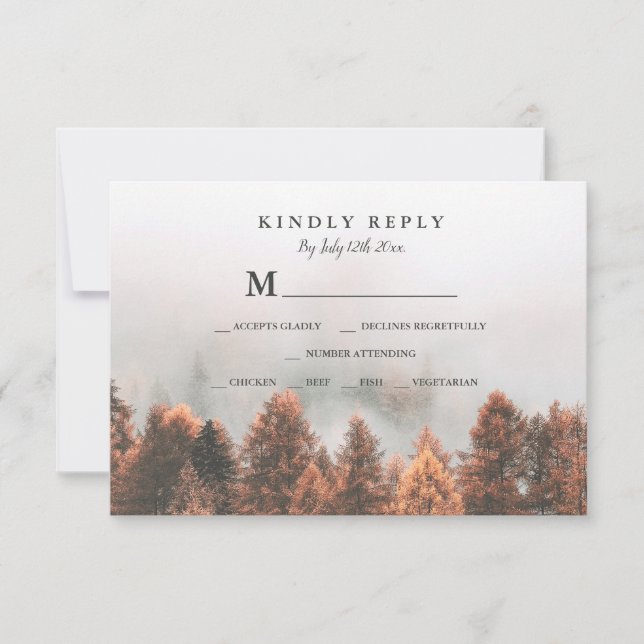 Fall winter pine trees forest photo rsvp wedding (Front)