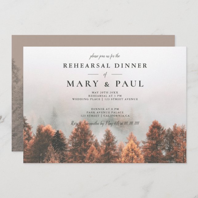 Fall winter pine trees forest rehearsal dinner invitation (Front/Back)