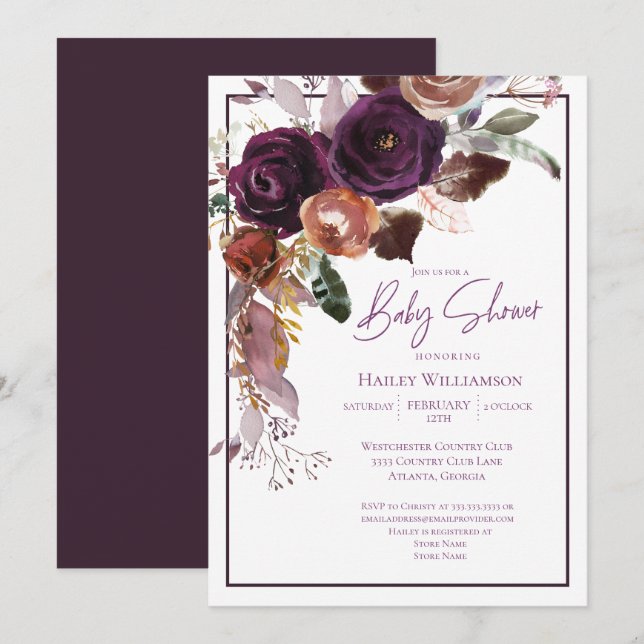 Fall Winter Plum, Pink and Gold Baby Shower Invitation (Front/Back)
