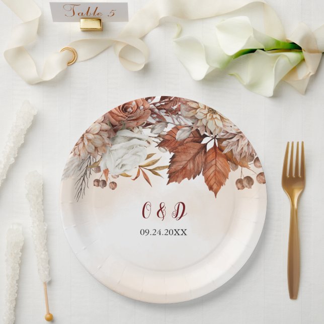 Fall Winter Rustic Brown Floral Wedding Paper Plate (Wedding)