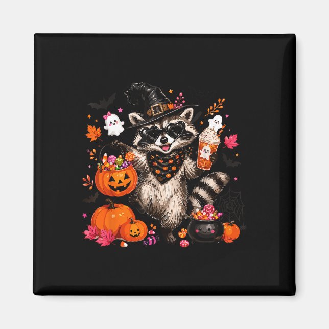 Fall witch racoon halloween racoon drinking magnet (Front)