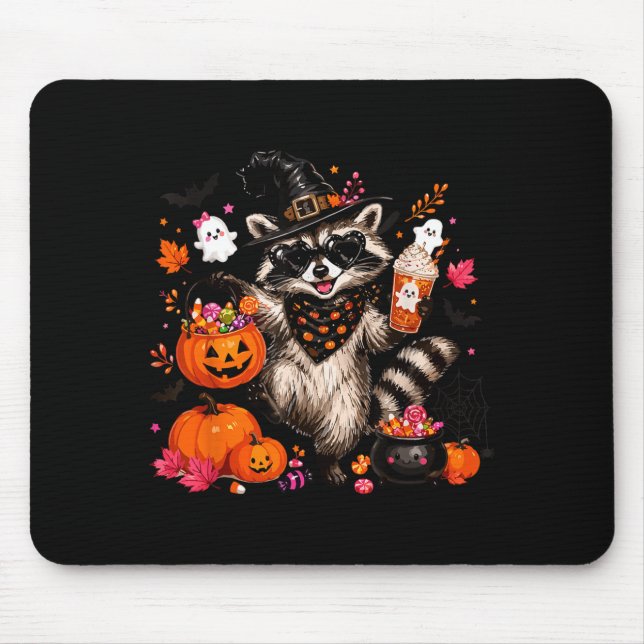 Fall witch racoon halloween racoon drinking mouse pad (Front)