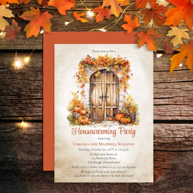 Fall Wood Door Leaves Pumpkins Housewarming Party Invitation (Warm, cozy vibes is what this design is all about -- create the perfect Housewarming for Fall!)