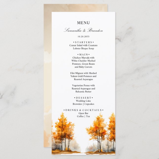 Fall Woodland, Autumn Forest Wedding Menu (Front/Back)