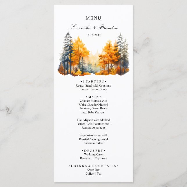 Fall Woodland, Pine Trees Autumn Forest Menu (Front)