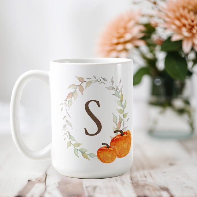 Fall Wreath and Pumpkin Monogrammed Coffee Mug (Monogram Fall Pumpkin Coffee Mug)