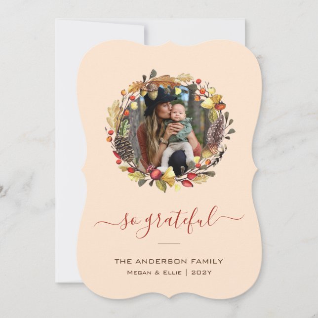 Fall Wreath Photograph Family Thanksgiving Holiday Card (Front)