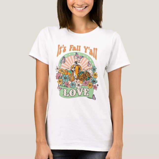 Fall Y all Vintage Flower Pumpkin  T-Shirt (Front)