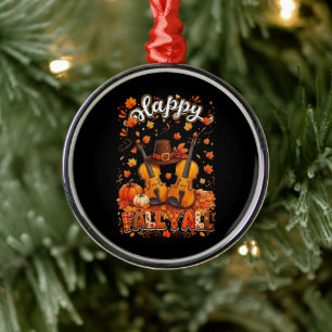 Fall Y'all Thanksgiving Violin Autumn Leaves Metal Ornament
