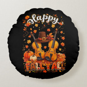 Fall Y'all Thanksgiving Violin Autumn Leaves Round Cushion