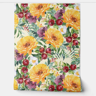 Fall Yellow Floral and Red Berries Greenery Wallpaper