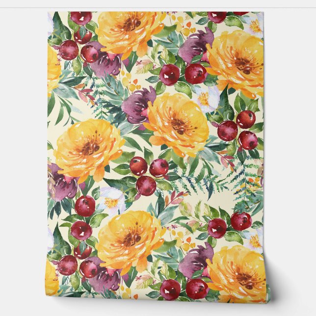 Fall Yellow Floral and Red Berries Greenery  Wallpaper (Unrolling)