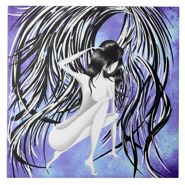 Fallen Angel Blue Monochrome  Ceramic Tile (Front)
