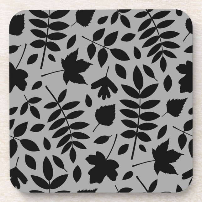 Fallen Leaves Big Pattern Black on Grey Coaster (Front)