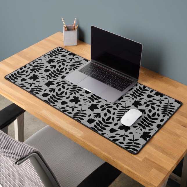 Fallen Leaves Big Pattern Black on Grey Desk Mat (Office 2)