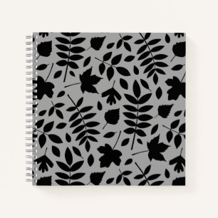 Fallen Leaves Big Pattern Black on Grey Notebook