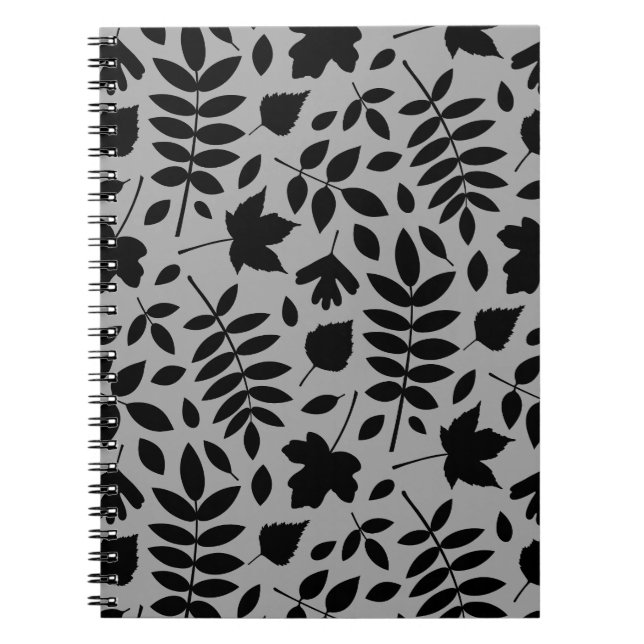 Fallen Leaves Big Pattern Black on Grey Notebook (Front)