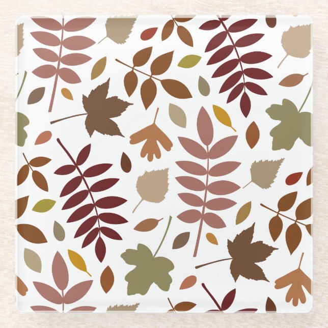 Fallen Leaves Big Pattern Fall Colours on White Glass Coaster (Front)