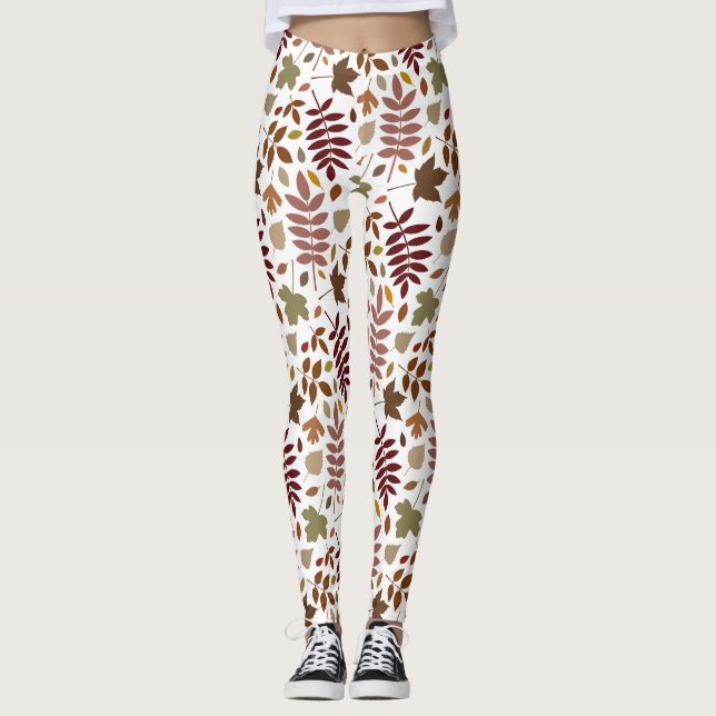 Fallen Leaves Big Pattern Fall Colours on White Leggings (Front)