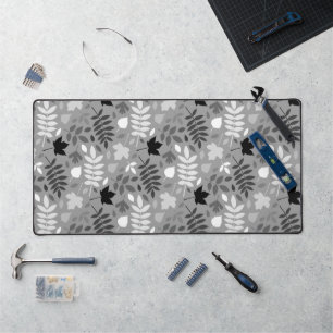 Fallen Leaves Big Pattern Monochrome on Grey Desk Mat