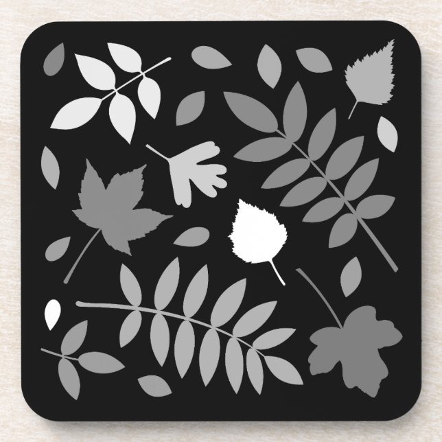 Fallen Leaves Design Greys White Black Coaster (Front)