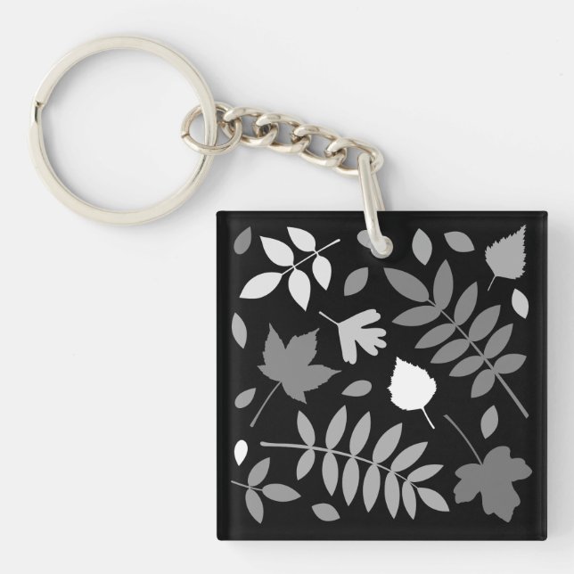 Fallen Leaves Design Greys White Black Key Ring (Front)