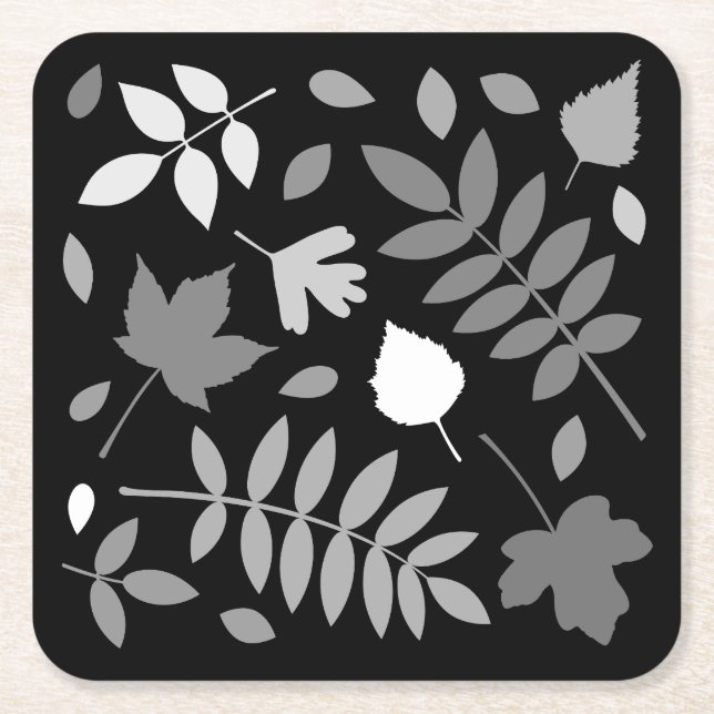 Fallen Leaves Design Greys White Black Square Paper Coaster (Front)