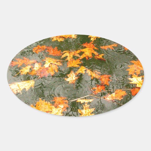 fallen leaves in rain oval sticker (Front)