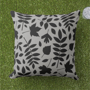 Fallen Leaves Lg Pattern Black on Grey Cushion