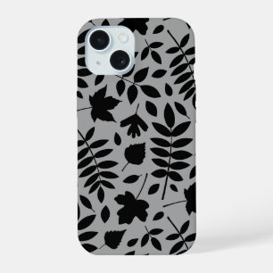 Fallen Leaves Lg Pattern Black on Grey iPhone 15 Case