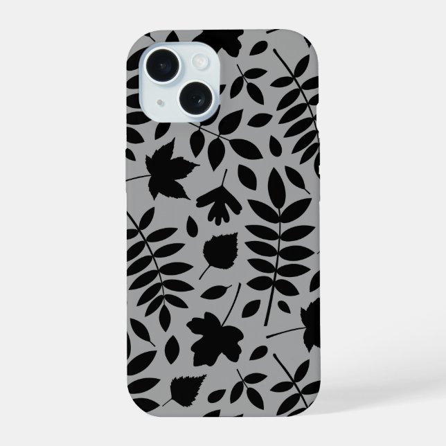 Fallen Leaves Lg Pattern Black on Grey iPhone 15 Case (Back)