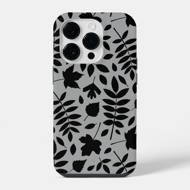 Fallen Leaves Lg Pattern Black on Grey iPhone Case (Back)