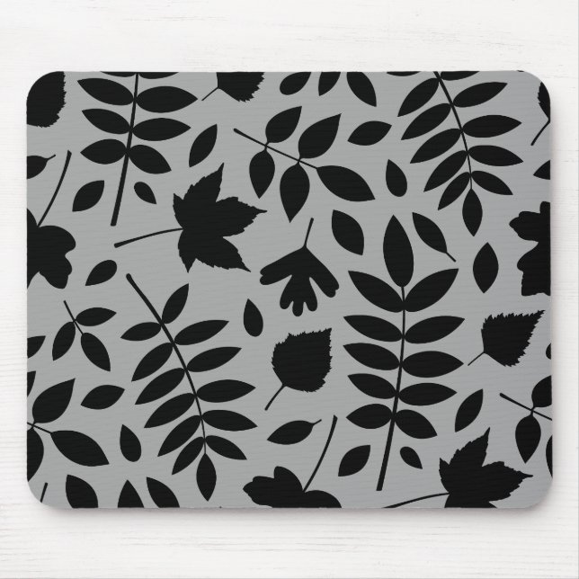 Fallen Leaves Lg Pattern Black on Grey Mouse Pad (Front)