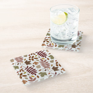 Fallen Leaves Lg Pattern Fall Colours on White Glass Coaster