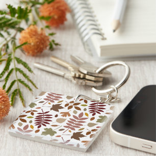 Fallen Leaves Lg Pattern Fall Colours on White Key Ring