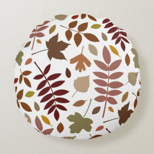 Fallen Leaves Lg Pattern Fall Colours on White Round Cushion