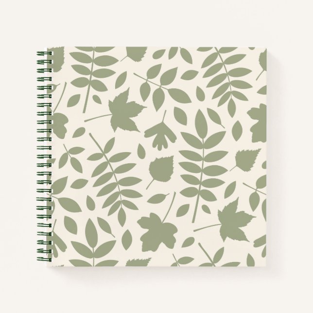 Fallen Leaves Lg Pattern Green on Cream Notebook (Front)
