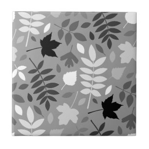 Fallen Leaves Lg Pattern Monochrome on Grey Ceramic Tile