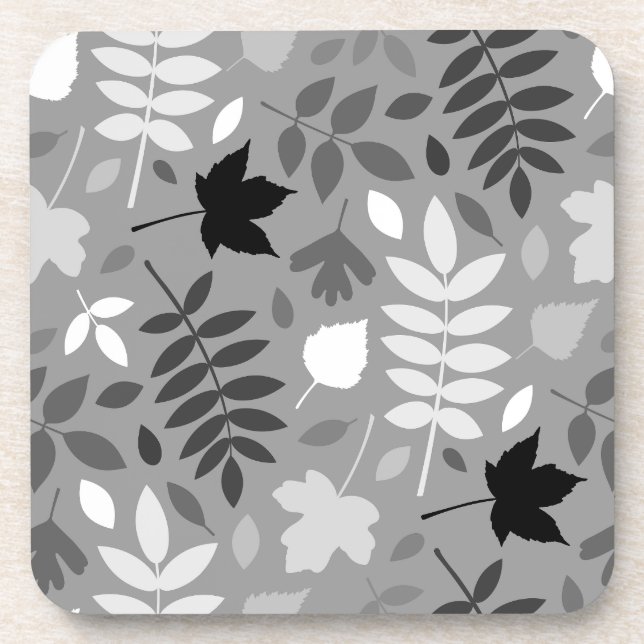 Fallen Leaves Lg Pattern Monochrome on Grey Coaster (Front)