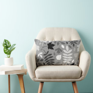 Fallen Leaves Lg Pattern Monochrome on Grey Lumbar Cushion
