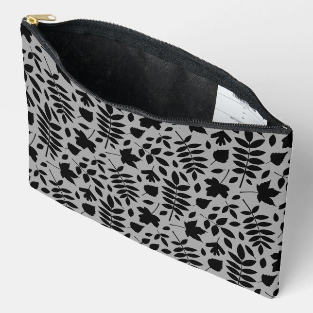Fallen Leaves Pattern Black on Grey Accessory Pouch (Open)