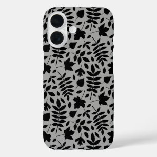Fallen Leaves Pattern Black on Grey iPhone 16 Case