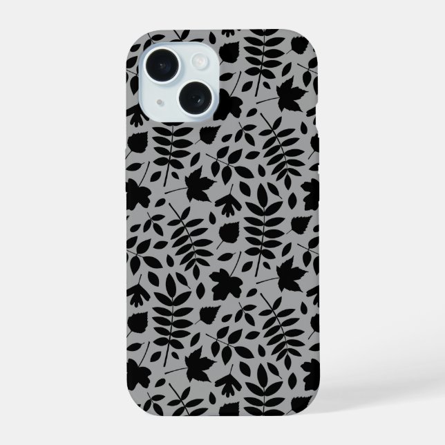 Fallen Leaves Pattern Black on Grey iPhone 15 Case (Back)