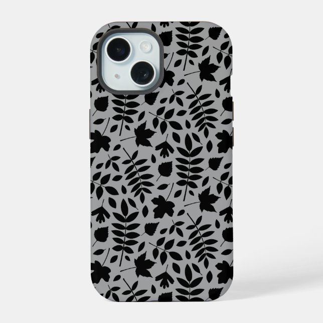 Fallen Leaves Pattern Black on Grey iPhone 15 Case (Back)