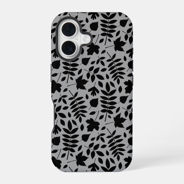 Fallen Leaves Pattern Black on Grey iPhone 16 Case (Back)